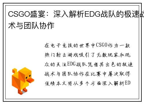 CSGO盛宴：深入解析EDG战队的极速战术与团队协作